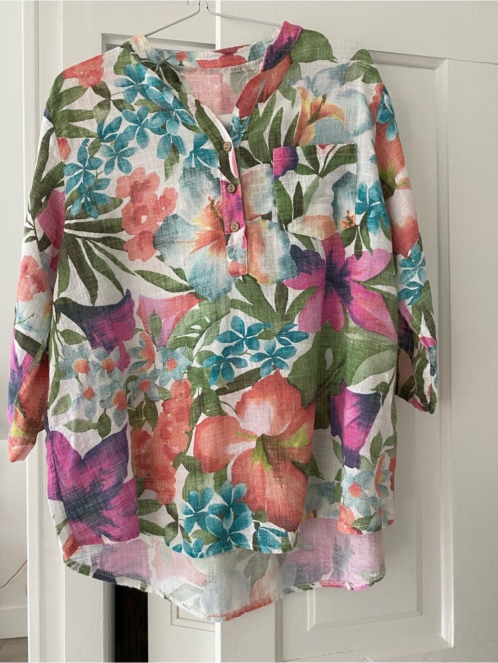 Floral Linen Blend Button-Front Tunic - Multicolor
